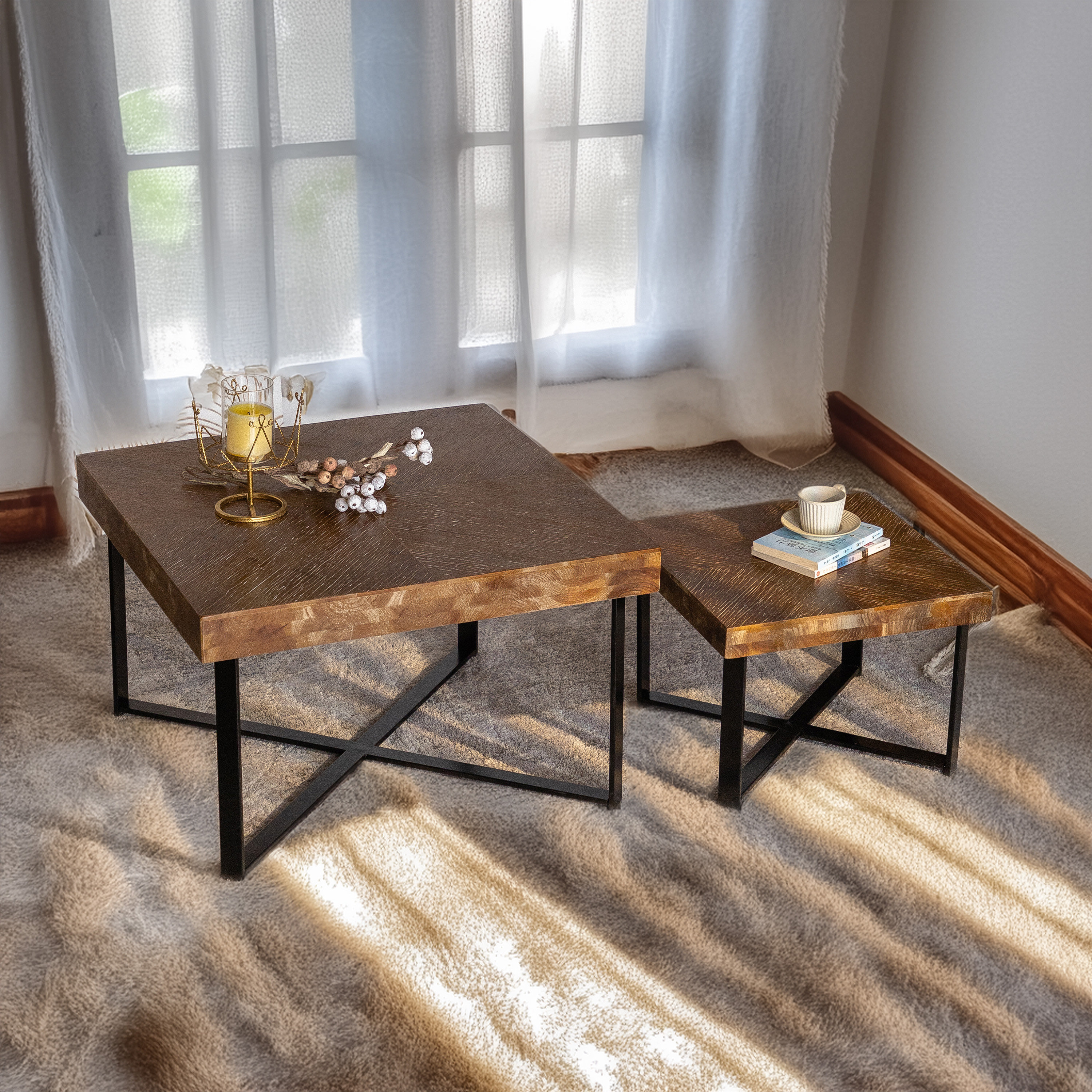 Gracie Oaks 31.3" Retro Splicing Square Coffee Table Set(Set Of 2 Pcs